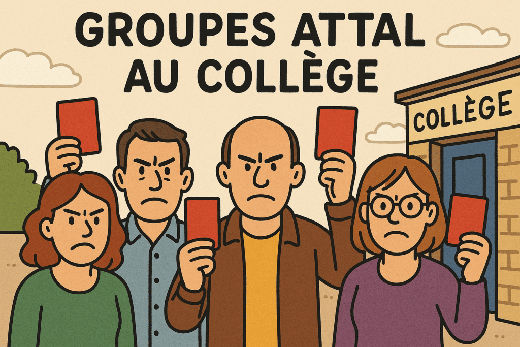 des personnes brandissant un carton rouge "aux groupes Attal"