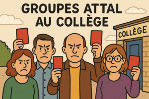 des personnes brandissant un carton rouge "aux groupes Attal"