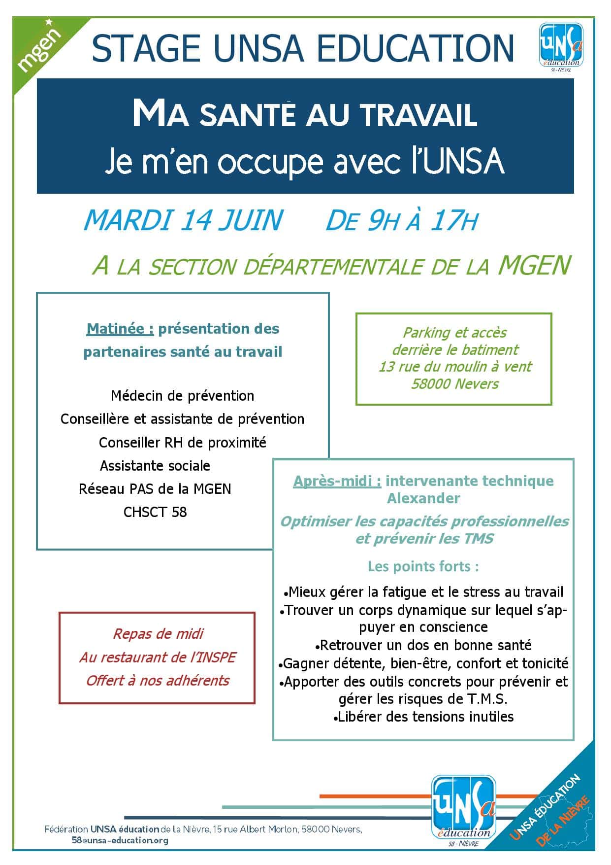 Stage « Santé au travail » à Nevers, le mardi 14 juin de 9h à 17h